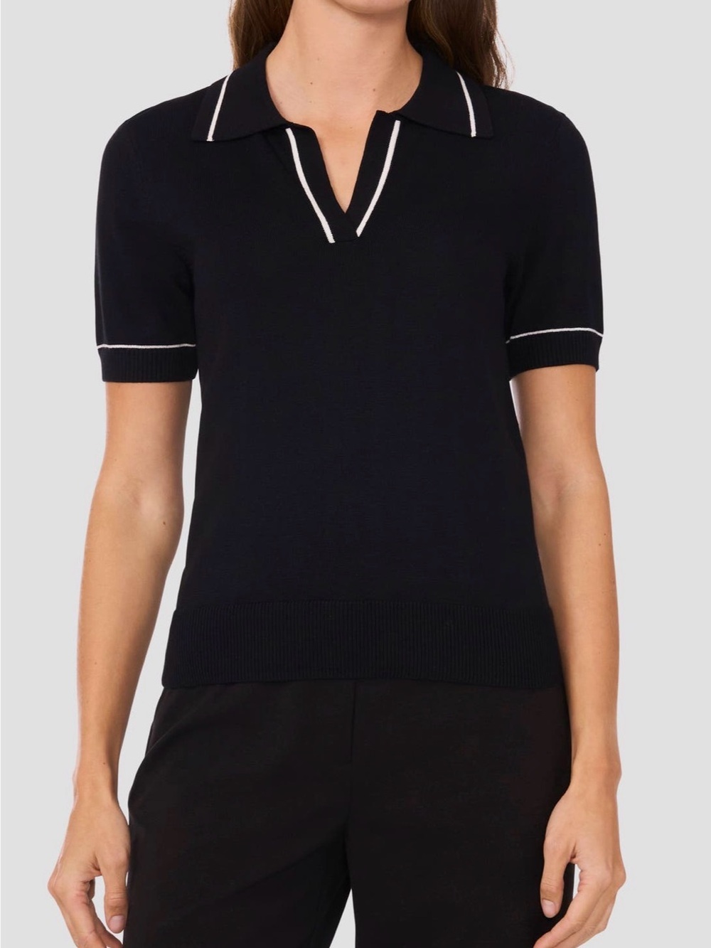 Halogen Johnny Tipped Black Knit Polo Top with White Trim - Picture 2 of 8